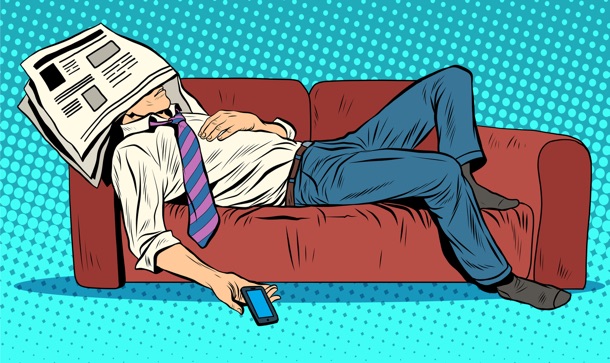 rest fatigue sleep on the couch Siesta pop art style retro. Businessman tired. A man sleeps. Laziness and a bad day